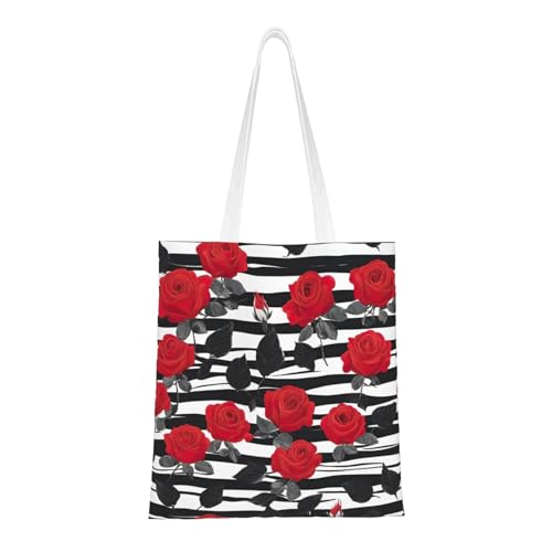 Black White Stripes Red Rose Flowers Print Polyester Canvas Tote Bag, Worthy Shopping Bag, Ideal For Present And Daily Errands