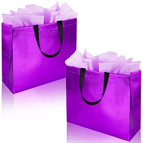 BLEWINDZ 18 Stück Geschenktüten, große Größe mit 18 Taschentüchern, wiederverwendbare Partytüten mit glänzender Oberfläche, Goodie-Taschen für Weihnachten, Geburtstag, Babyparty, Hochzeit (lila)