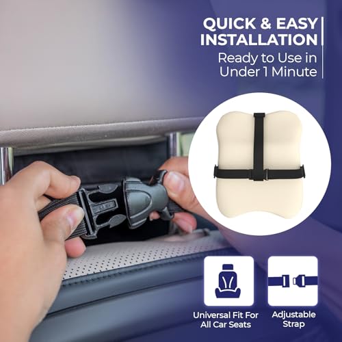 Image of WELLGIVER Orthopedic Memory Foam Car Neck Rest Pillow - Cervical Support Cushion for Neck Pain Relief, Adjustable Strap - Universal Fit for All Cars | Beige Velvet | Pack of 2