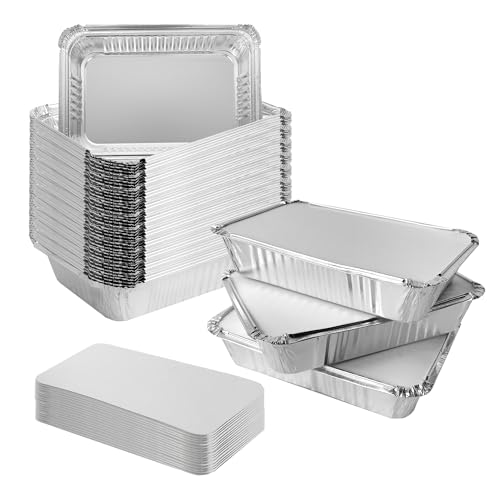 AZKEEGREY 50 bandejas de papel de aluminio con tapas, recipientes de papel de aluminio de 1000 ml con tapa, recipientes de papel de aluminio con tapas para llevar, catering hogar