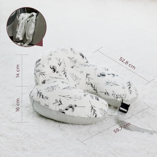 Momcozy Stillkissen mit Sicherheitsumrandung – Ergonomisches Still- und Lagerungskissen mit verstellbarem Gurt & abnehmbarem Baumwollbezug,Blätter in blasser Tinte