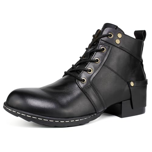 Image of Motorcycle Boots Men CasuaL Riding Leather Motorcycle Combat Boot /Shoes Fashion Lace-up Chukka Boot Ankle Caramel Brown HF002-1
