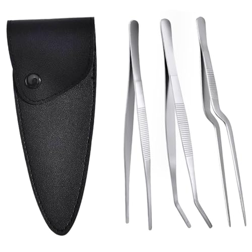 LEEQ 3 PCS Pinzette da Cucina - Pinze Cucina,Pinze per Alimenti da Cucina in Acciaio Inox, Pinzette Dritte, Pinzette Curve, Set di Pinzette, per Decorare Cibi, Cucinare, Cuocere al Forno(16cm)