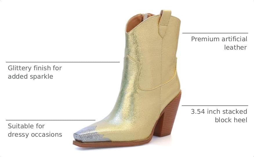 Image of Cowboy Ankle Boots for Women Engraved Steel Toe Cowgirl Boots Stacked Block Heels Short Cowboy Boot Fashion Dressy Western Country Booties