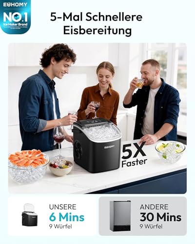 Foto von EUHOMY Eiswürfelmaschine Klein, 12KG Eiswürfelbereiter Ice Maker, 9 Würfel in 6 Minuten fertig, Schwarz Eiswürfelmaschine mit Tragbarem Griff, 12KG/24H, Selbstreinigendes Eiswürfelmaschinen