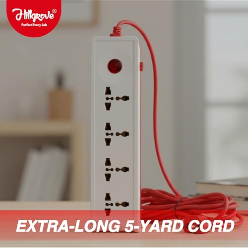 Image of Hillgrove 5 Meter Long Cable Power Extension Board with 4 Universal Socket and 1 Switch Surge Protector Board for Computer /Laptop /Fridge 4 Socket Extension Boards (White)