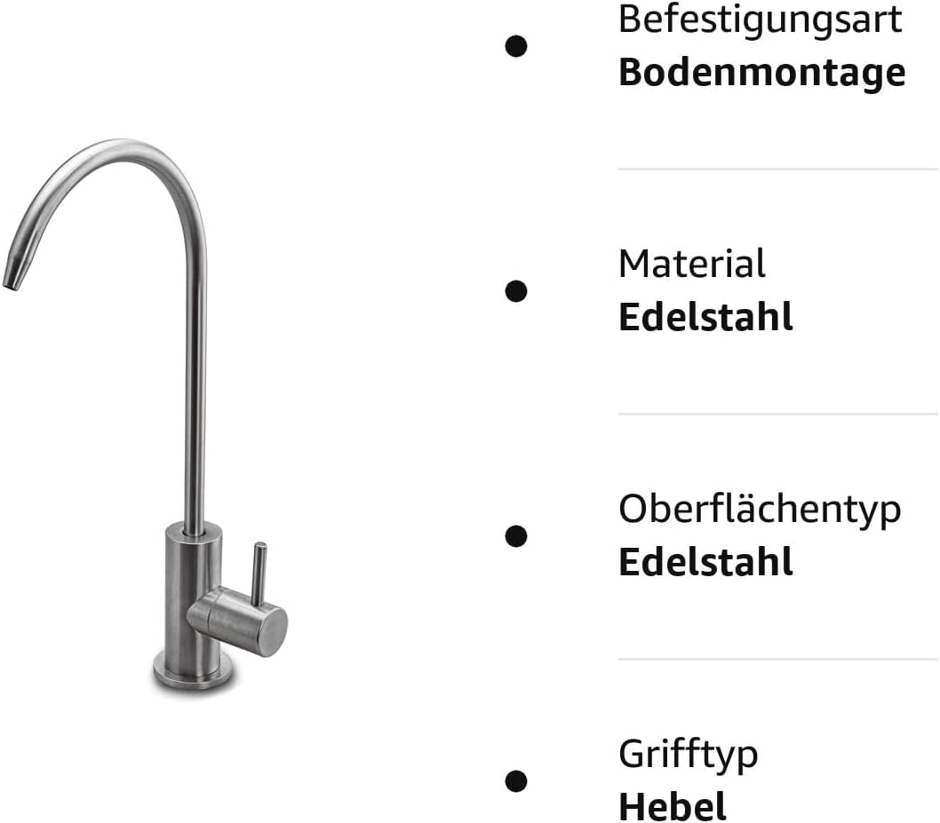 Neues Wasser Group Grifo de ósmosis monodireccional Sofia, acero inoxidable macizo 304 con acabado cepillado, caño giratorio de 360°, grifo de cocina unidireccional giratorio para filtro de agua