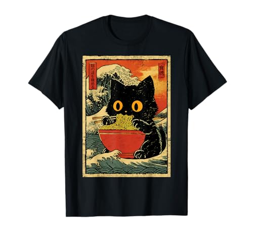 Cat Eating Ramen with Great Wave Japanese Noodle Meme T-Shirt