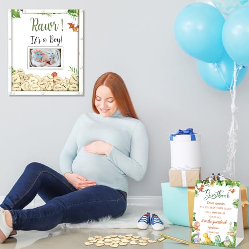 Image of Beeveer 65 Pcs Dinosaur Baby Shower Guest Book Alternatives Baby Shower Sign in Guest Book Decoration with 1 Photo Frame 60 Heart Wood Slices for 60 Guests Sonogram Frame Keepsake for BabyShower