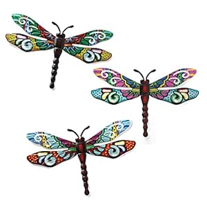 Scwhousi Metal Dragonfly Wall DecorOutdoor Patio Fenxce Wall ArtHanging Decorations for Living Room Bedroom 3 Pack