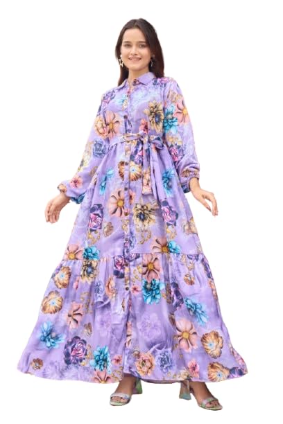 Women Floral Printed Nida Fabric Long Gown Dress Belted A-Line Gown Full Sleeve Stylish with Belt Elegant Ethnic for Women-image-43