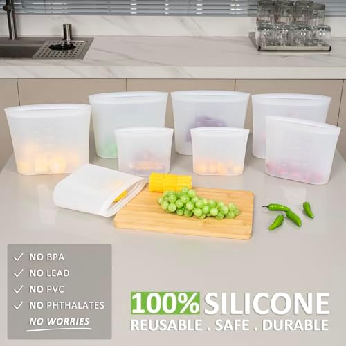 Reusable Storage Bag, 8 Pack 100% Silicone Food Storage Bags Stand Up Silicone Zip Lock Bags for Food Container, Freezer Microwave Oven Dishwasher Safe, 4 Medium 2 Small 2 Extra Small, Translucent - Thumbnail 4