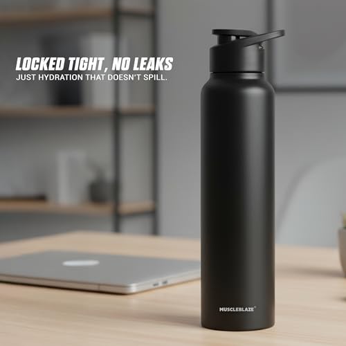 Image of MuscleBlaze Premium Grade Stainless Steel Water Bottle, Black, 1L | Leakproof, BPA-Free & Rust-Resistant