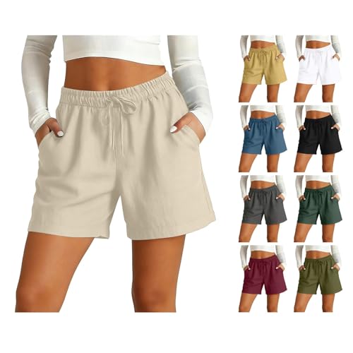 Bermuda Shorts for Women Plus Size Cotton Linen Shorts Casual Summer Drawstring Elastic Waist Teens 2026 Spring Gauze Para Mujer Comfy Boho Beach Vacation Outfits Pull on Shorts Flowy Lounge Khaki XL