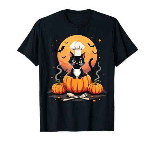 Retro Black Cat Pumpkin Halloween For Men And Women Chef Camiseta