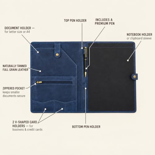 Image of Leather Portfolio, Leather Binder with Pen, Navy Blue Leather Portfolio for Men and Women, Leather Padfolio, Leather Folder, Portfolio Binder, Business Portfolio Men and Women