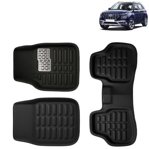 Image of KINGSWAY Accessories Premium 3D Car Floor Mats Only Compatible with Hyundai Venue Year 2019 to 2022 All Model, Set of 3, 100% Waterproof Tray Shape PVC 3D Car Foot Mats Anti-Slip Car Mat, Black