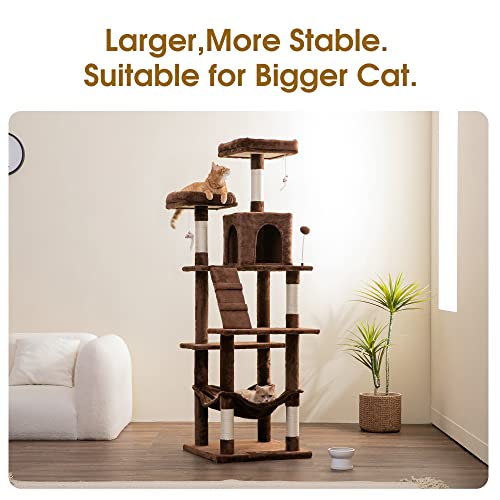 Mwpo 70.1-Inch Large Cat Tree, Multi-Level Tall Cat Tower For Indoor Cats, Plush Cat Condo With Big Padded Perches, Sisal-Covered Scratching Posts, Hammock, Toys For Kittens & Cats - Brown #TOP1