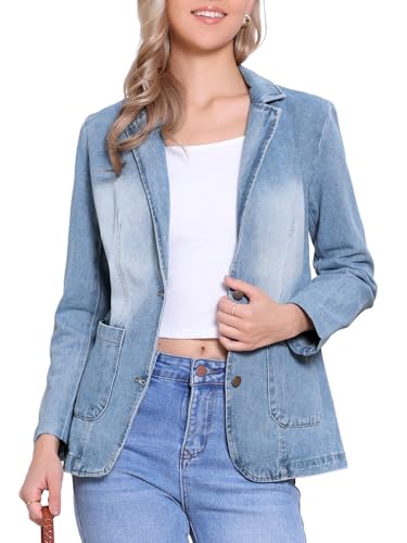Allegra K Denim Blazer for Women Notched Lapel Long Sleeve Button Up Business Casual Jean Jacket with Pockets