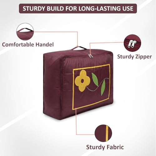 Image of Kuber Industries Parachute Saree Cover for Storage with Zip Closure | Wardrobe Organizer for Storage | Saree Organiser for Wardrobe | Embroidery Design - Maroon