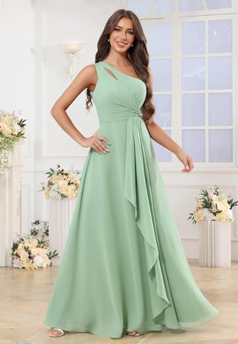 Chiffon One Shoulder Bridesmaid Dresses with Slit Ruffles Wedding Long Formal Evening Dress for Women3