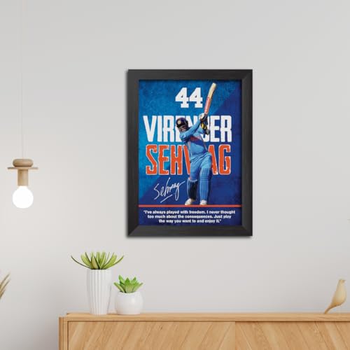 Image of TenorArts Virender Sehwag Poster with Quotes Indian Legend Cricket Player Photo Frame Painting with Matt Finish Black Textures (12 inches x 9inches)