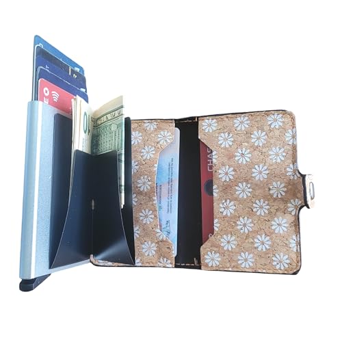 CORK pop up wallet with RFID protection, minimalist compact secure Eco friendly gift (Daisy)2