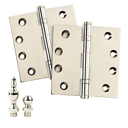 Solid Brass Architectural Door Hinges – 2 Vintage Decorative Cap Mortise Hinges, Ball Bearings, And Stainless Steel Hinge Pin – Home Decor By Embassy, 4 X 4 In., Polished Nickel #TOP5