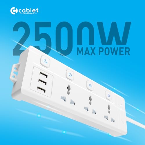 Image of Cablet 2500W Heavy Duty Extension Board with 3 USB Ports (2.4A), 3 Universal Sockets, Individual Switches, Safety Shutter, 10A Power Strip, 1.8M Copper Wire Cord, for Home & Office Use - 250V