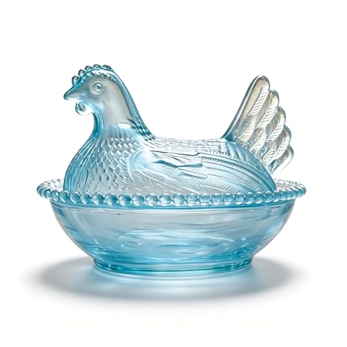 FIEATES Candy Dish with Lid Glass Hen on Nest Vintage Funny Candy Dishes Snack Bowl for Nuts Dessert Cookies Biscuit Decorative Jar Home Kitchen Office Tabletop Decor (Blue)