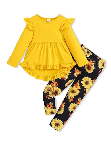 Girl Clothes Size 6-7 Years Girls 2 Piece Outfits Kid Fall Outfit Ruffle Long Sleeve Shirt Top Sunflower Allover Pants Fashion 5-6 Years Old Winter Clothing Set 2Pcs Yellow