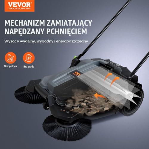 VEVOR Zamiatarka podłogowa do pchania, zamiatarka mechaniczna szerokość zamiatania 65 cm, ręczny miotła nieelektryczna, pojemnik na odpady 18,9 l, regulowany kąt i wysokość składany uchwyt na podjazd
