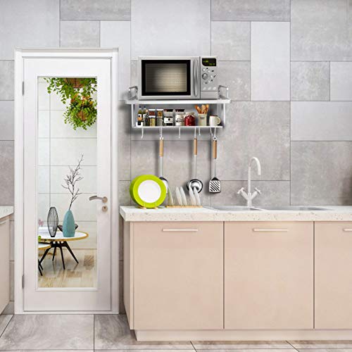 Greensen Microwave Wall Bracket - 2-Tier Aluminium Oven Holder with 10 Hooks, Kitchen Shelf Top 55 x 38.5 x 25 cm - Image 2