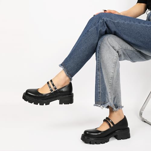 Soireelady Womens Chunky Mary Janes Platform Low Heel Pumps Round Toe Ankle Strap Oxford Uniform Dress Shoes 2 Inch2
