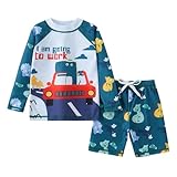 AIWUHE Toddler Swimsuit Set Boys 2 piece Rash Guard Swimsuits Sets Boys' Swim Suit Quick Dry Long Sleeve Swim Shirts with Trunks Bathing Suit Dark Green Car Dinosaur 3XL 6-7Y
