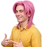 PUREHAIR Pink Cosplay Wig for Men - Shoulder Length Anime Cosplay Wigs for Mens Halloween Costume Party (Pink)