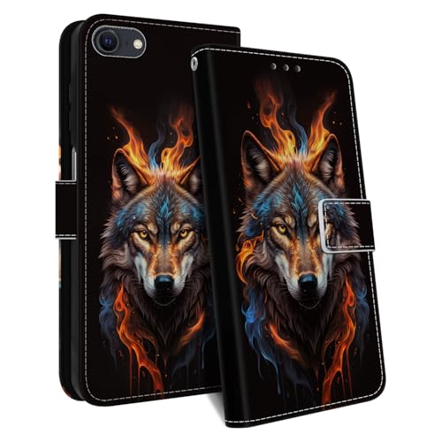 HopMore Coque pour iPhone SE 2020 / iPhone SE 2022 5G / 7/8 Housse en Cuir PU Premium Etui à Rabat Antichoc Flip Case Cover Porte Carte Pochette Portefeuille Étui de Protection avec Motif, Loup B