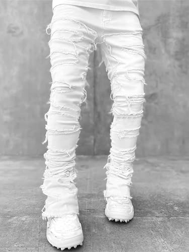 Men's Regular Fit Stacked Jeans Ripped Skinny Distressed Destroyed Straight Denim Pants Streetwear2
