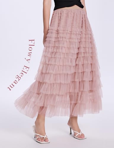 image for PEHMEA Women's Tulle Maxi Skirt High Waist Elastic Tiered Ruffle A-Lin