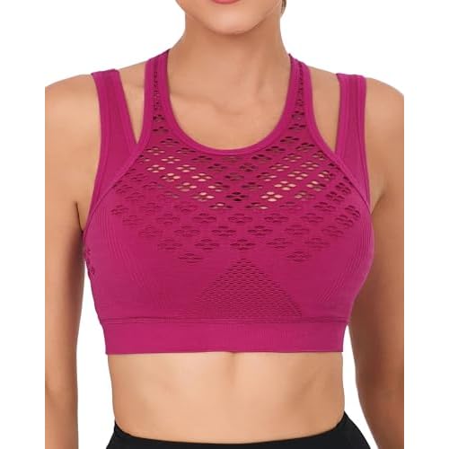 RUNNING GIRL Sports Bras for Women High Support,Seamless Ribbed Longline High Neck Sports Bra Racerback Padded Crop Top Yoga Large A-hot Pink