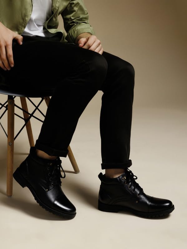 Image of Zoom Shoes Men's Genuine Leather Stylish High Ankle Boots With Laces For Travelling /Office /Party ZA-4171 | Lace-up Shoes With 1-inch Heel, Memory Cushion Insole & TPR Sole