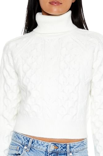Image of Forever 21 Women's Cropped Cable Knit Turtleneck Sweater