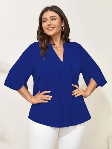 SCOMCHIC Women's Plus Size Blouses 3/4 Sleeve Dressy Tunic Tops Casual Loose V Neck Pleated Shirts3