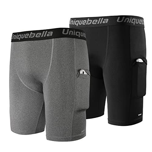 UNIQUEBELLA Pack de 2 pantalones cortos de compresión para hombre, de secado rápido, transpirables, con bolsillos laterales, para correr, hacer deporte o gimnasio, negro y gris, XXL Cover
