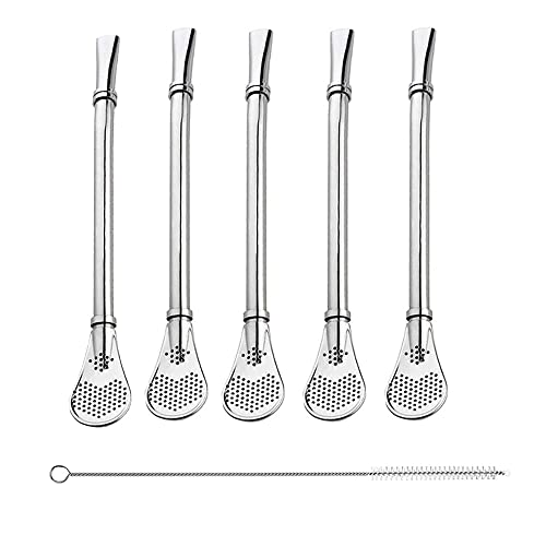 5 Pièces Pailles Cuillère Réutilisable, Yerba Mate Pailles En Acier Inoxydable, Acier Inoxydable Cuillère Filtrée, avec 1 Brosses De Nettoyage, pour...