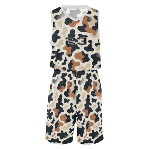 FLildon Black Brown Cow Print Boys Basketball Jersey Set Tank Top Shorts Tracksuit Sport Training Suit for Kids, L