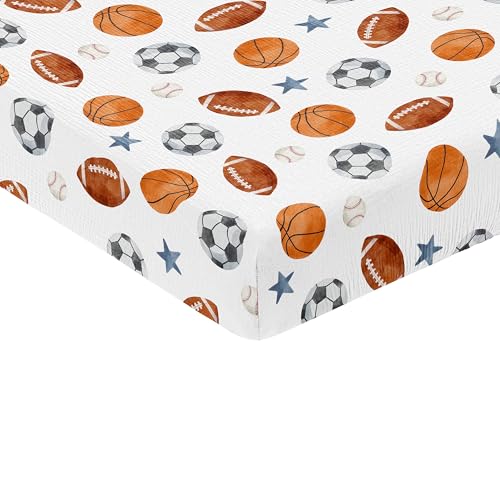 Sweet Jojo Designs Muslin Crib Sheets (Sports Theme) for Baby Boys, Infant Nursery, Toddler Room - 100% Cotton Fitted Sheet Standard Size (Vintage, Soccer Balls, Football, Baseball, Basketball, Stars)