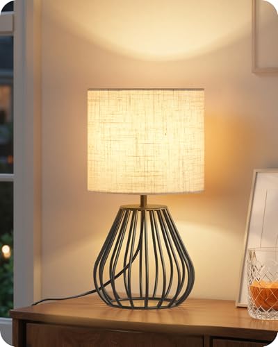 GOEBLESON Small Bedside Table Lamp, Black Table Lamp with Metal Cage & Linen Lampshade, Modern Cute Desk Lamp, Cozy Nightstand Lamp for Bedroom, Living Room, Office, 2700K LED Bulb Included, E06TL05