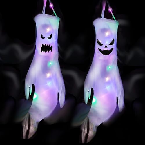 Purpledi Manga de vento fantasmas com luzes LED bandeira fantasma 2 peças, 120 cm Halloween fantasma decoração de jardim, Halloween pingente assustador decoração para pátio do jardim