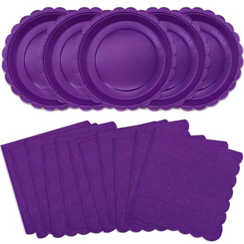 VEIZEDD 100Pcs Purple Party Supplies Including Scalloped Purple Paper Plates Napkins Serves 50,Disposable Mother's Day Party Dinnerware Set for Birthday Graduation